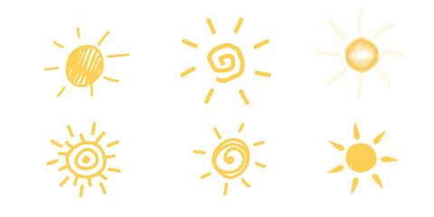 Sun icon set. Yellow sun icons. Shine sun ray set. Sunset icon collection. Yellow sun star icons. Vector illustration