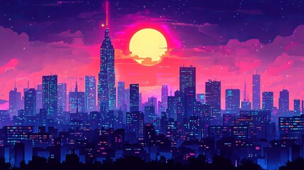 Obraz premium Enchanting Urban Skyline Bathed in Vibrant Pink Hues Under a Luminous Full Moon Creating a Dreamlike Atmosphere Perfect for Nighttime Photography and Artistic Inspiration in the City