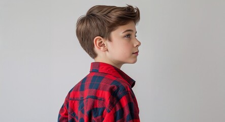 Caucasian boy red flannel shirt young teen side view portrait on plain white background
