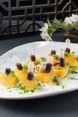 Molecular cuisine gourmet mango honey juice simulated preserved egg