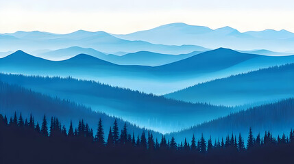 Obraz premium Serene blue mountain range landscape with a misty forest, perfect for travel, nature, or serenity themed projects.