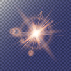 A light flare with a lens flare effect. A bright abstract illustration of a light flare with the effect of rays, radiance and transparent circular reflections.  Vector illustration