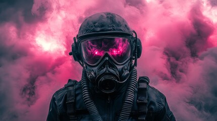 Figure in full protective gear with pink smoke background concept art