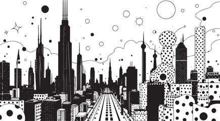 Futuristic City landscape. Different buildings on street, outline cityscape hand sketch, flat houses. Hand drawn vector illustration