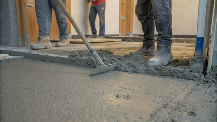 Workers person not wearing dirt boots digging with hoe (shovel) on concrete floor, Construction workers leveling concrete pavement. Upgrade to residential street leveling concrete slab, working place,