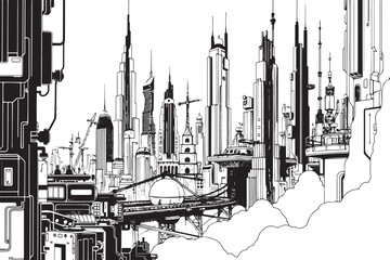 Fototapeta premium Futuristic City landscape. Different buildings on street, outline cityscape hand sketch, flat houses. Hand drawn vector illustration