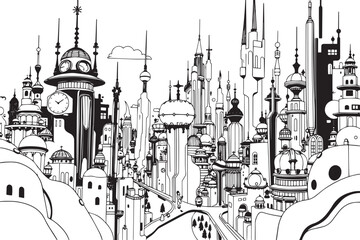 Futuristic City landscape. Different buildings on street, outline cityscape hand sketch, flat houses. Hand drawn vector illustration