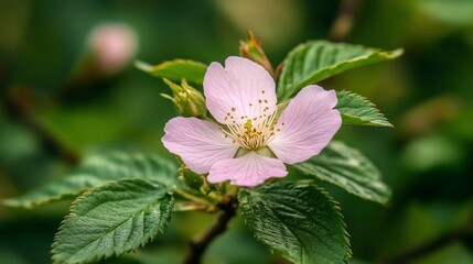 Obraz premium Close-up of a delicate pink wild rose blossom with vibrant green leaves in natural setting.