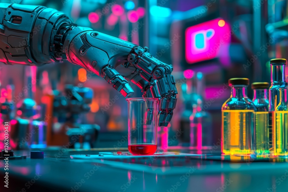 Poster a robot is functioning in a lab filled with many bottles and beakers. the robot is wearing gloves an