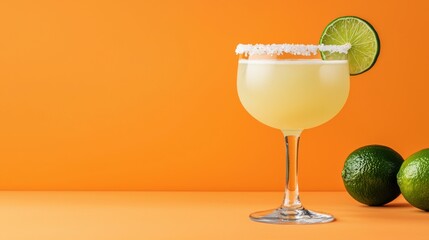 Refreshing margarita cocktail with salted rim and lime slice on orange background
