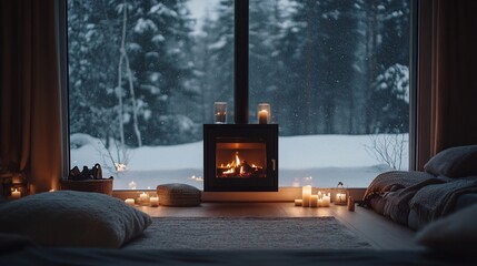 Cozy winter scene with fireplace, candles, and snowy forest view.