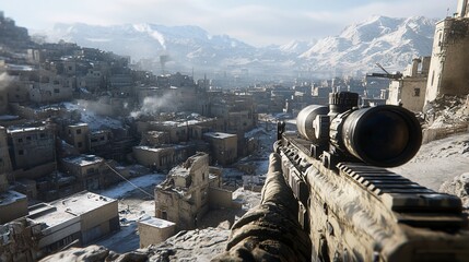 A soldier in a war-torn battlefield aims a rifle amidst destruction, with ruins and fire in the background, depicting intense combat and survival in a post-apocalyptic or military conflict setting