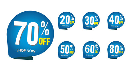 A set of discount sticker shape to promote shop now with sell off up to 20, 30, 40, 50, 60, 70, 80 percent vector illustration isolated on white background.
