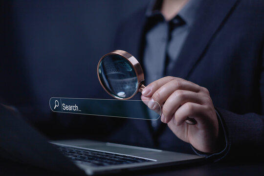 Search Engine Optimization, Businessman using search, SEO focus artificial intelligence technology. Concept of searching for information in technology with AI systems, Search, Engine, Concept