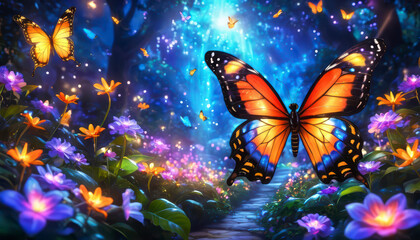 Vibrant Butterflies Fluttering Among Colorful Flowers in a Magical Forest at Twilight