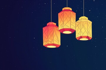 Colorful Paper Lanterns Hanging Against Starry Night Sky Background