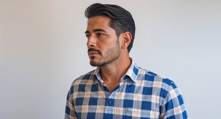 Fototapeta premium Hispanic guy blue checkered shirt middle age side view portrait on plain white background