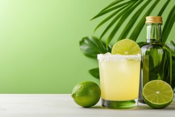 Fototapeta premium Refreshing margarita cocktail with tequila, lime, and salt on green background