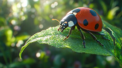 Close-up of a ladybug perched on a dewy green leaf in a vibrant garden setting