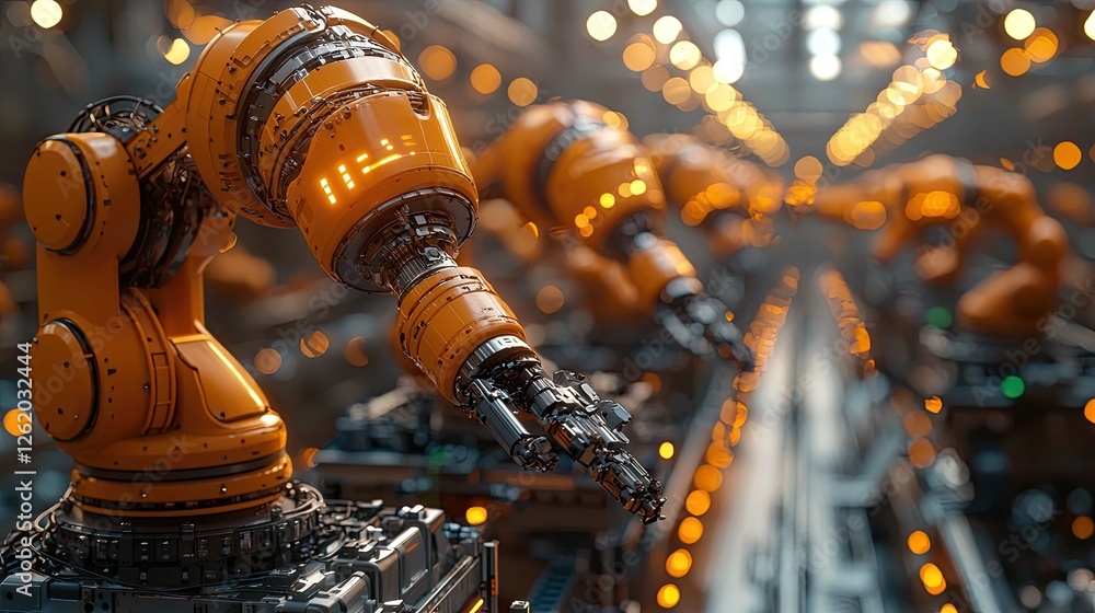 Poster close-up view of industrial robotic arms in a factory setting, showcasing advanced automation and ma