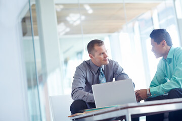 Men, laptop and human resources meeting for plan in office, policy briefing and company...