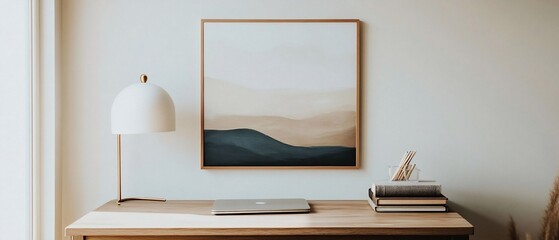 Minimalist home office desk setup with laptop, lamp, artwork, and books.