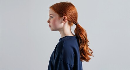 Fototapeta premium Redhead girl navy blue pullover young teen side view portrait on plain white background