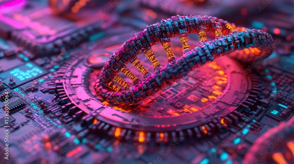 Poster from a microchip, a futuristic digital dna helix emerges, enveloped by binary code and shining circu