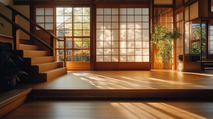 Fototapeta premium Sunlit minimalist Japanese-style home interior with wooden stairs, shoji screens, and plants.