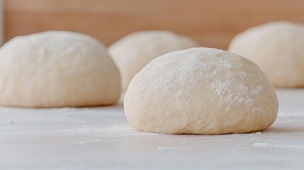 Fototapeta premium Fresh raw dough balls dusted with flour rest on a wooden kitchen counter during baking preparation.