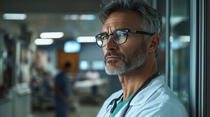 Obraz premium Innovative treatment plans are spotlighted by a doctor in a surreal double exposure image, backed by a hospital conference room