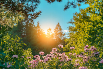 Obraz premium Serene sunset scene with pink flowers blooming in a lush green forest. Golden hour light filters through trees.