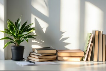 Cozy Workspace with Books and Green Plant in Soft Sunlight