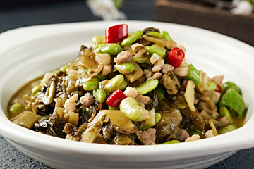 Braised Snow Vegetables with Rice Pepper, Broad Beans and Minced Pork
