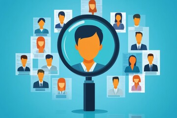 Recruitment, HR Recruiter Examining Candidate with Magnifying Glass - Finding New Hires, Job Applicant Scanning, Generative AI