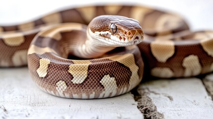 Fototapeta premium Ball python on a table with patterned scales.