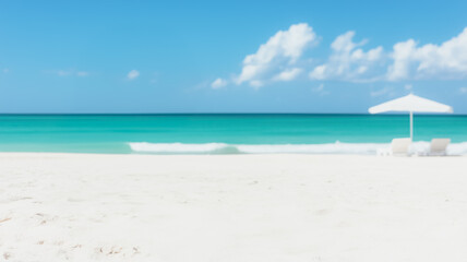 Fototapeta premium Beach Serenity: A pristine white sand beach stretches out under a brilliant blue sky, with a single white umbrella casting a peaceful shadow on the soft, powder-like sand.