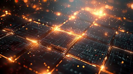 Fototapeta premium Abstract Futuristic Technology Background: Glowing Digital Network, Circuitry, and Data Streams. Cyberpunk Style. Digital Art.