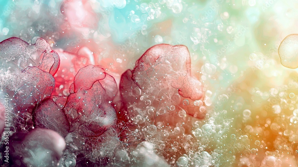 Poster abstract microscopic forms: network of vibrant colors and bubbles. intricate cellular structures, de