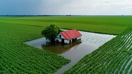 Obraz premium Flooded house with red roof in green crop field. Natural disaster documentation
