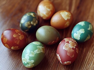 Fototapeta premium A group of colorfully dyed eggs, each unique in design and hue, arranged on a wooden surface. These Easter eggs are traditional symbols of rebirth and renewal.