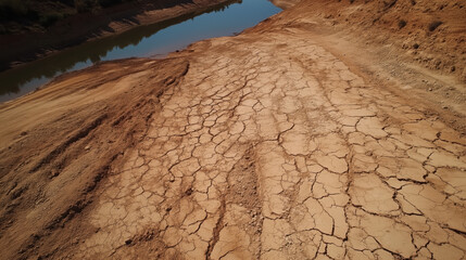 Cracked riverbed with low water level. Drought documentation