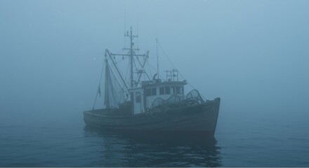 Fototapeta premium Fishing boat anchored in a foggy sea, with calm waters and a mysterious atmosphere surrounding it