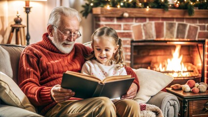 Grandfather reading storybook granddaughter cozy living room couch crackling fireplace lamplight realistic fabric textures