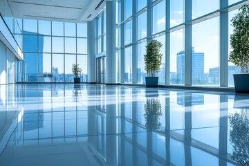 Fototapeta premium Modern corporate office building interior with glass walls, reflective floor, and natural light, creating a sleek professional business atmosphere, Generative AI