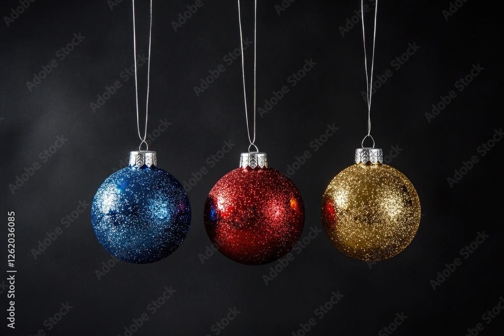 Poster three hanging ornaments - red, blue and gold - from a string. the ornaments are round with small pat