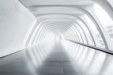Modern white corridor with arched ceiling and reflective floor.