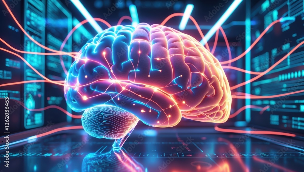 Poster visual representation of an artificial intelligence brain model illuminated with digital lights, set
