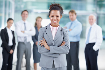 Happy woman, portrait and confident in business with team, leadership and project management....
