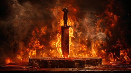 photo of a knife on a wooden  table with flames the background